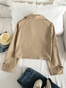 SHEIN Elladie kids Teen Girls Fall Clothes Brown Versatile Casual Button Long Sleeve Jacket For Weekend Outings, Fall, Solid, Minimalist, Streetwear, Cropped, Autumn - Khaki - View 2