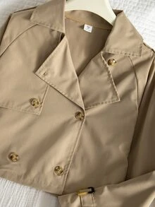 SHEIN Elladie kids Teen Girls Fall Clothes Brown Versatile Casual Button Long Sleeve Jacket For Weekend Outings, Fall, Solid, Minimalist, Streetwear, Cropped, Autumn - Khaki - View 5