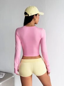 Dewbera Dewbera 女款純色長袖前拉鍊修身運動夾克 - 粉色 - 查看 2