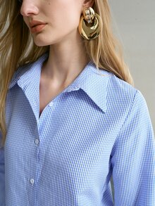 MOTF PREMIUM WOMEN'S BLUE GINGHAM FALL WINTER LONG SLEEVE BUTTON-UP COLLARED SHIRT - Blue - View 2