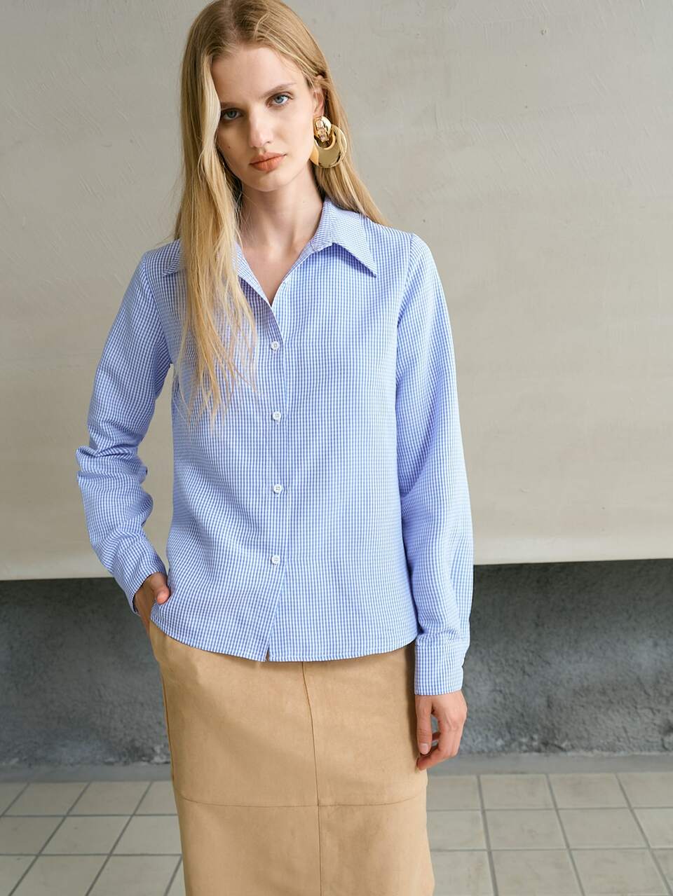 MOTF WOMEN'S BLUE GINGHAM FALL WINTER LONG SLEEVE BUTTON-UP COLLARED SHIRT