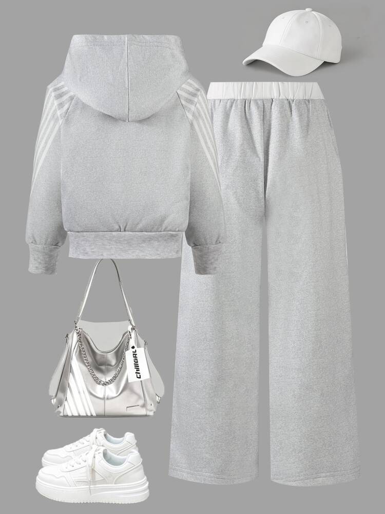 SHEIN ChillGRL 2pcs Young Girl High Street Number 23 Print Side Stripe Hooded Wide Leg Pants Zip Up Sweatshirt Set Streetwear Skateboarding Outdoor Fall Style - Grey - View 2