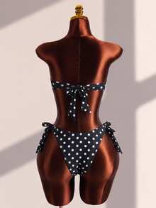 SHEIN Swim 女款夏季海灘新款性感豹紋花卉拼接印花後綁帶抹胸比基尼上衣與側綁帶比基尼下褲 2 件式泳衣套裝 - 黑色 - 查看 7