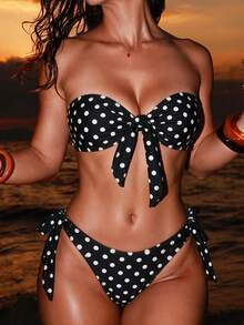 SHEIN Swim 女款夏季海灘新款性感豹紋花卉拼接印花後綁帶抹胸比基尼上衣與側綁帶比基尼下褲 2 件式泳衣套裝 - 黑色 - 查看 1