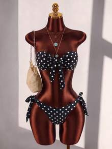 SHEIN Swim 女款夏季海灘新款性感豹紋花卉拼接印花後綁帶抹胸比基尼上衣與側綁帶比基尼下褲 2 件式泳衣套裝 - 黑色 - 查看 6