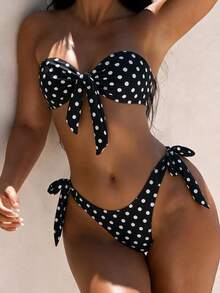 SHEIN Swim 女款夏季海灘新款性感豹紋花卉拼接印花後綁帶抹胸比基尼上衣與側綁帶比基尼下褲 2 件式泳衣套裝 - 黑色 - 查看 2