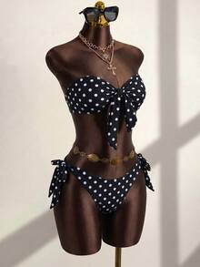 SHEIN Swim 女款夏季海灘新款性感豹紋花卉拼接印花後綁帶抹胸比基尼上衣與側綁帶比基尼下褲 2 件式泳衣套裝 - 黑色 - 查看 5