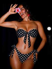 SHEIN Swim 女款夏季海灘新款性感豹紋花卉拼接印花後綁帶抹胸比基尼上衣與側綁帶比基尼下褲 2 件式泳衣套裝 - 黑色 - 查看 8
