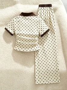 SHEIN Elladie kids 女童波點圖案套裝，V領短袖上衣，蝴蝶結裝飾，抓皺腰部設計，拼接袖口 - 黃色 - 查看 2