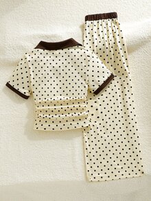 SHEIN Elladie kids 女童波點圖案套裝，V領短袖上衣，蝴蝶結裝飾，抓皺腰部設計，拼接袖口 - 黃色 - 查看 5