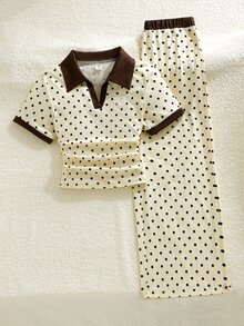SHEIN Elladie kids 女童波點圖案套裝，V領短袖上衣，蝴蝶結裝飾，抓皺腰部設計，拼接袖口 - 黃色 - 查看 7
