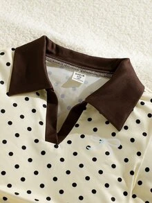 SHEIN Elladie kids 女童波點圖案套裝，V領短袖上衣，蝴蝶結裝飾，抓皺腰部設計，拼接袖口 - 黃色 - 查看 4
