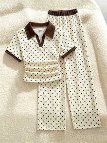 SHEIN Elladie kids 女童波點圖案套裝，V領短袖上衣，蝴蝶結裝飾，抓皺腰部設計，拼接袖口 - 黃色 - 查看 13