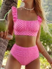 Swim Basics 两件套女士夏季沙滩优雅简约度假黑白波点荷叶边吊带褶皱上衣和高腰褶皱三角裤套装 - 彩色 - 查看 4
