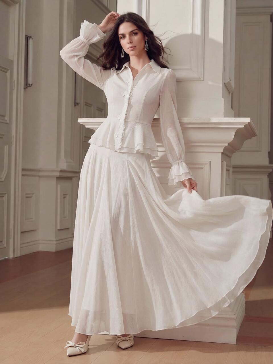 Anewsta Women's New Gentle Elegant Intellectual Elegant Semi-Sheer Sexy Polo Collar Lace Trim Ruffle Front Opening Blouse + Gentle Full A-Line Ruffle Patchwork Long Skirt 2-Piece Set