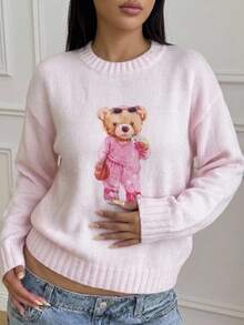 SHEIN Tween Girl Pink Knitted Bear Pattern Sweater Top Fall/Winter - Pink - View 2