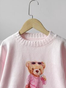 SHEIN Tween Girl Pink Knitted Bear Pattern Sweater Top Fall/Winter - Pink - View 5