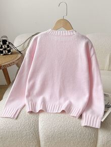 SHEIN Tween Girl Pink Knitted Bear Pattern Sweater Top Fall/Winter - Pink - View 4