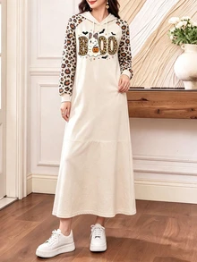 Modelyn 女款萬聖節主題豹紋南瓜趣味幽靈字母印花杏色長洋裝，秋冬時尚連帽落肩長袖衛衣洋裝，適合日常休閒穿著與派對造型 - 彩色 - 查看 5
