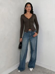 SHEIN Glamour 女士极简黑色针织深V领长袖蕾丝拼接开襟常规T恤性感上衣女士长袖上衣 - 棕色 - 查看 8