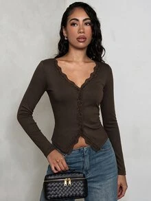 SHEIN Glamour 女士极简黑色针织深V领长袖蕾丝拼接开襟常规T恤性感上衣女士长袖上衣 - 棕色 - 查看 5