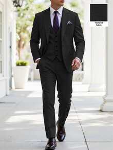 Manfinity Bizformal Men's Slim Fit Single Breasted 3 Pieces Suit For Men Blazer & Waistcoat & Pants Set, Autumn Formal Wedding Party Business Holiday, Ceremony - Black - View 7