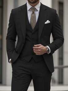 Manfinity Bizformal Men's Slim Fit Single Breasted 3 Pieces Suit For Men Blazer & Waistcoat & Pants Set, Autumn Formal Wedding Party Business Holiday, Ceremony - Black - View 5