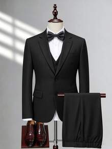 Manfinity Bizformal Men's Slim Fit Single Breasted 3 Pieces Suit For Men Blazer & Waistcoat & Pants Set, Autumn Formal Wedding Party Business Holiday, Ceremony - Black - View 3