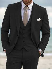 Manfinity Bizformal Men's Slim Fit Single Breasted 3 Pieces Suit For Men Blazer & Waistcoat & Pants Set, Autumn Formal Wedding Party Business Holiday, Ceremony - Black - View 4
