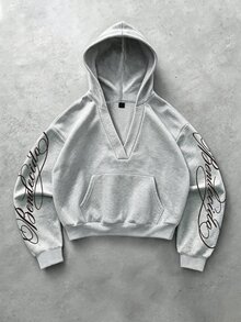 PAVTROS Men's Deep V-Neck Hooded Sweatshirt With Arm Print, Holiday Gift, Outdoor Sports - Grey - View 4