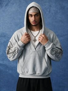 PAVTROS Men's Deep V-Neck Hooded Sweatshirt With Arm Print, Holiday Gift, Outdoor Sports - Grey - View 1