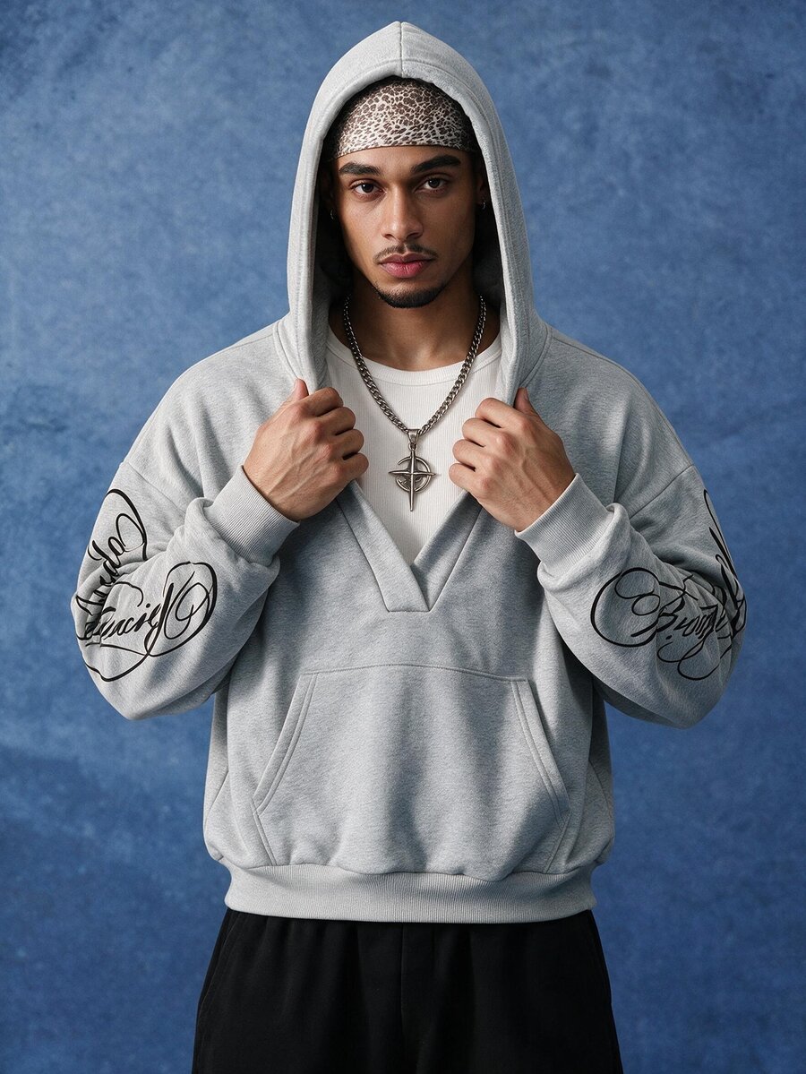 PAVTROS Men's Deep V-Neck Hooded Sweatshirt With Arm Print, Holiday Gift, Outdoor Sports - Grey - View 1