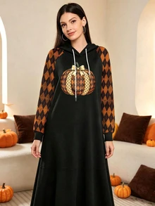 Modelyn 女款萬聖節主題漸層菱格南瓜印花黑色長版連身裙，秋冬時尚連帽落肩長袖衛衣裙，適合休閒日常穿著與派對造型 - 彩色 - 查看 3