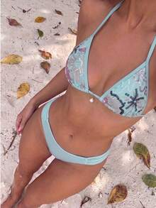 Swim Vcay 2-Piece Set Spring/Summer Vacation Sequin Textured Fabric Pearl Decor Halter Triangle Bikini Top And Bikini Bottom Sexy Women's Swimwear - Multicolor - View 8