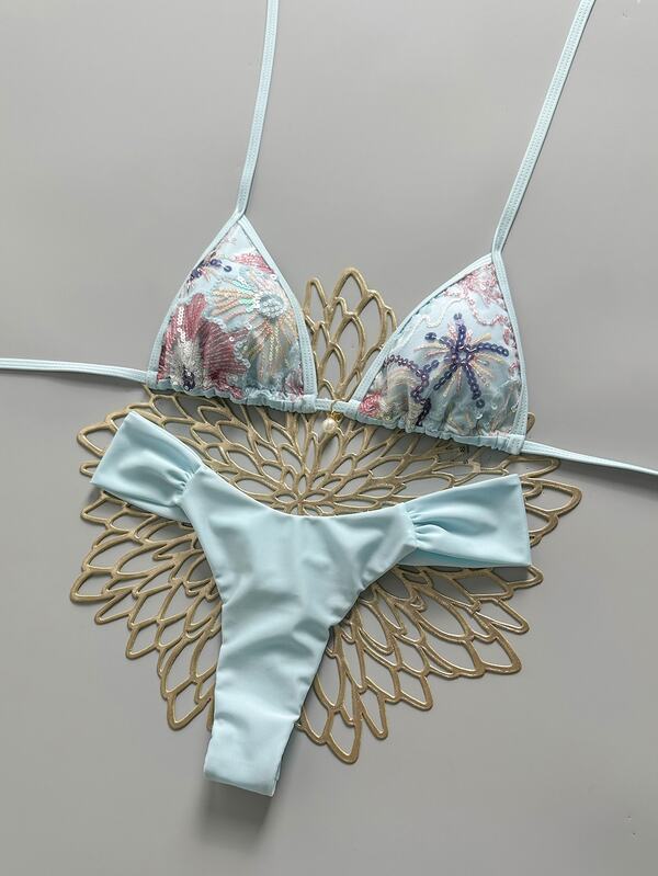 Swim Vcay 2-Piece Set Spring/Summer Vacation Sequin Textured Fabric Pearl Decor Halter Triangle Bikini Top And Bikini Bottom Sexy Women's Swimwear