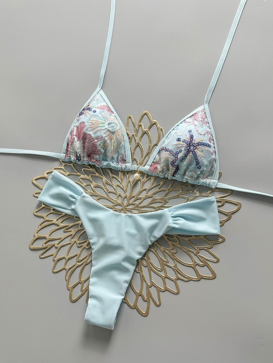 Swim Vcay 2-Piece Set Spring/Summer Vacation Sequin Textured Fabric Pearl Decor Halter Triangle Bikini Top And Bikini Bottom Sexy Women's Swimwear - Multicolor - View 1