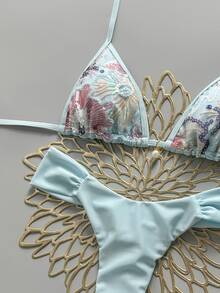 Swim Vcay 2-Piece Set Spring/Summer Vacation Sequin Textured Fabric Pearl Decor Halter Triangle Bikini Top And Bikini Bottom Sexy Women's Swimwear - Multicolor - View 4