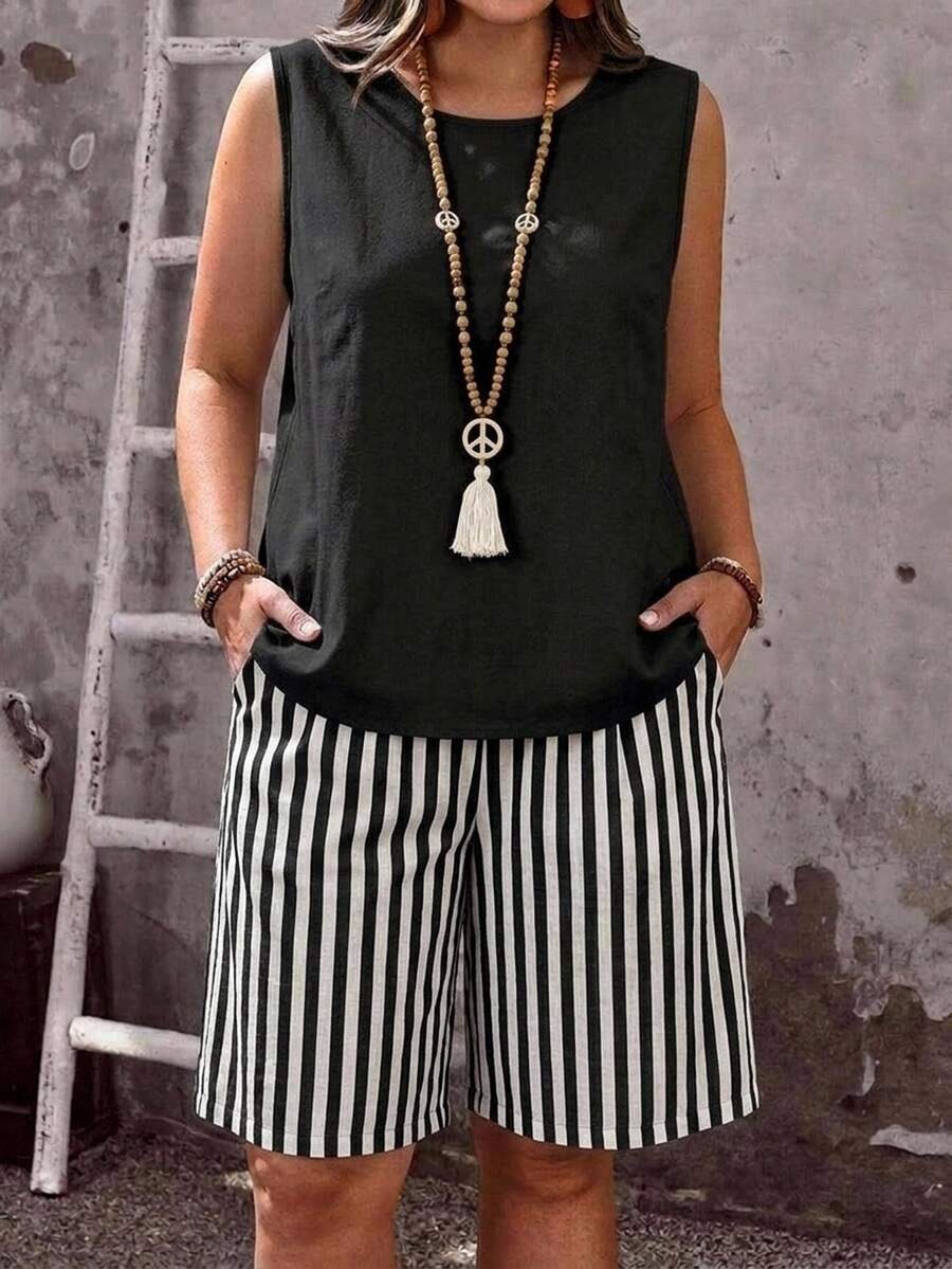 Rosumi 休閒簡約條紋長褲與純色上衣大尺碼兩件套 - 彩色 - 查看 1