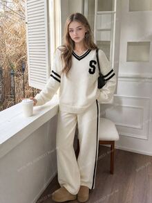 SHEIN Teen Girls White Sweater Set, V-Neck Loose Slouchy Top Paired With Matching Wide-Leg Sweater Pants Back To School Clothes Fall Winter Long-Sleeve - White - View 1