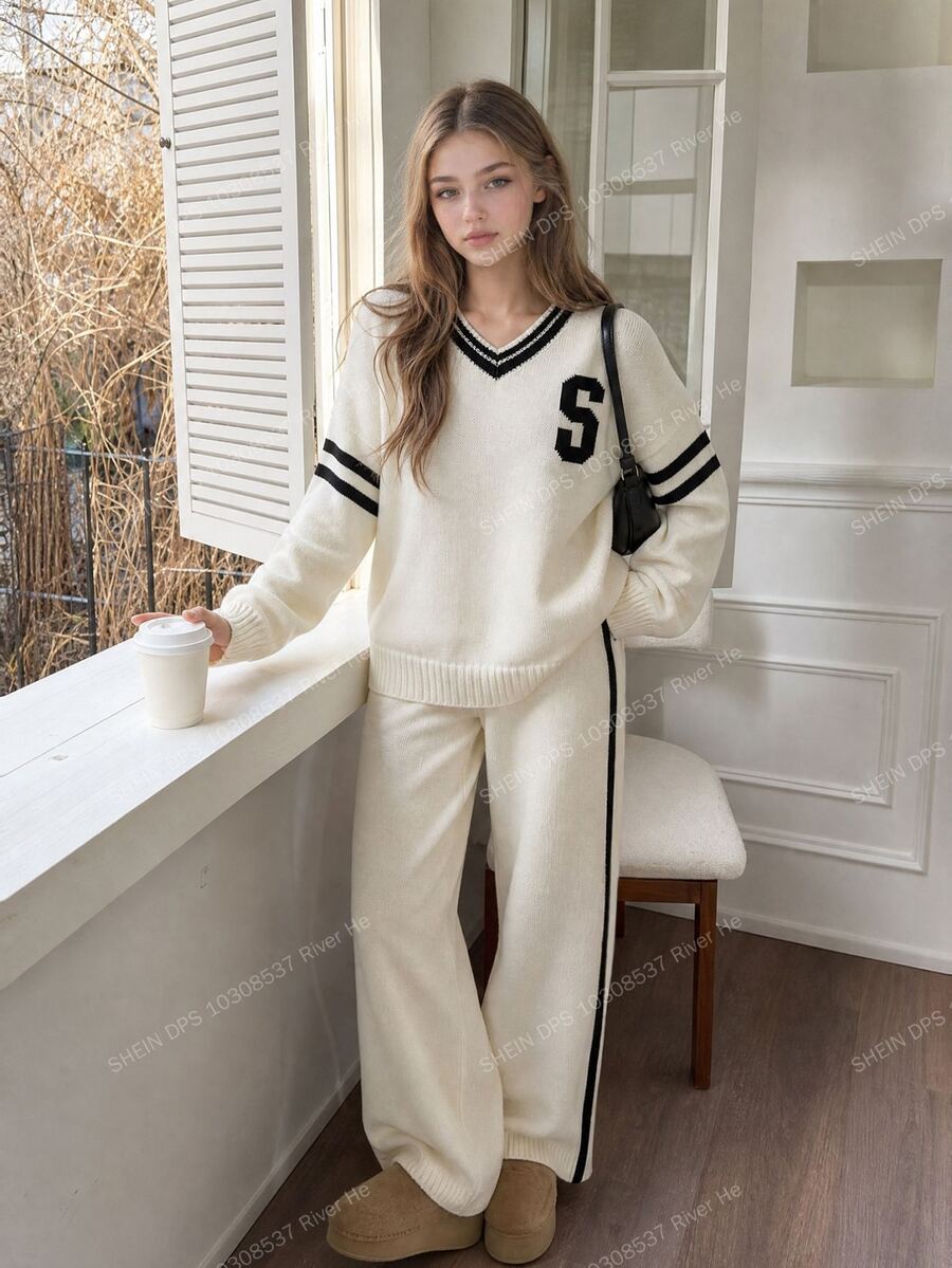SHEIN Teen Girls White Sweater Set, V-Neck Loose Slouchy Top Paired With Matching Wide-Leg Sweater Pants Back To School Clothes Fall Winter Long-Sleeve - White - View 1