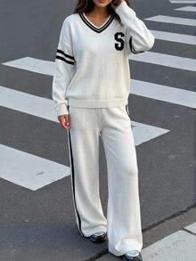 SHEIN Teen Girls White Sweater Set, V-Neck Loose Slouchy Top Paired With Matching Wide-Leg Sweater Pants Back To School Clothes Fall Winter Long-Sleeve - White - View 4