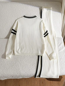 SHEIN Teen Girls White Sweater Set, V-Neck Loose Slouchy Top Paired With Matching Wide-Leg Sweater Pants Back To School Clothes Fall Winter Long-Sleeve - White - View 2