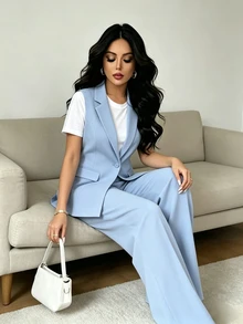 SHEIN Raffinéa 女款夏季時尚通勤兩件套，淺藍色翻領無袖西裝背心與高腰直筒寬腿褲兩件套，高級通勤專業套裝兩件套 - 淺藍色 - 查看 3