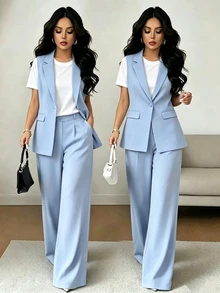 SHEIN Raffinéa 女款夏季時尚通勤兩件套，淺藍色翻領無袖西裝背心與高腰直筒寬腿褲兩件套，高級通勤專業套裝兩件套 - 淺藍色 - 查看 1