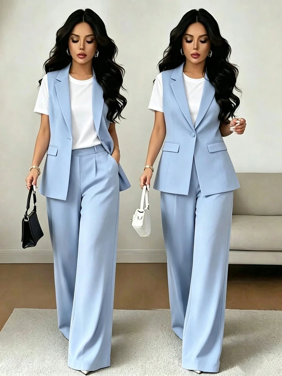 SHEIN Raffinéa 女款夏季時尚通勤兩件套,淺藍色翻領無袖西裝背心與高腰直筒寬腿褲兩件套,高級通勤專業套裝兩件套 - 淺藍色 - 查看 1