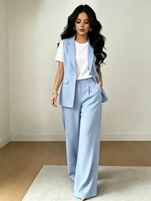 SHEIN Raffinéa 女款夏季時尚通勤兩件套，淺藍色翻領無袖西裝背心與高腰直筒寬腿褲兩件套，高級通勤專業套裝兩件套 - 淺藍色 - 查看 6