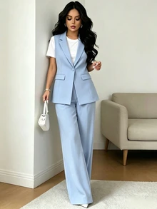SHEIN Raffinéa 女款夏季時尚通勤兩件套，淺藍色翻領無袖西裝背心與高腰直筒寬腿褲兩件套，高級通勤專業套裝兩件套 - 淺藍色 - 查看 7
