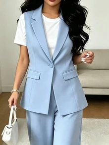 SHEIN Raffinéa 女款夏季時尚通勤兩件套，淺藍色翻領無袖西裝背心與高腰直筒寬腿褲兩件套，高級通勤專業套裝兩件套 - 淺藍色 - 查看 8