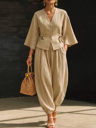 SHEIN Women's Elegant Khaki Linen 2-Piece Set, V-Neck Bell Sleeve Tie Waist Jacket And High Waist Tapered Carrot Pants, Casual Commute Outfit