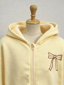 SHEIN Sparklyn 青少年女孩長袖秋冬純色蝴蝶結運動衫外套，抓絨布料，設計感棕色可愛款 - 黃色 - 查看 4